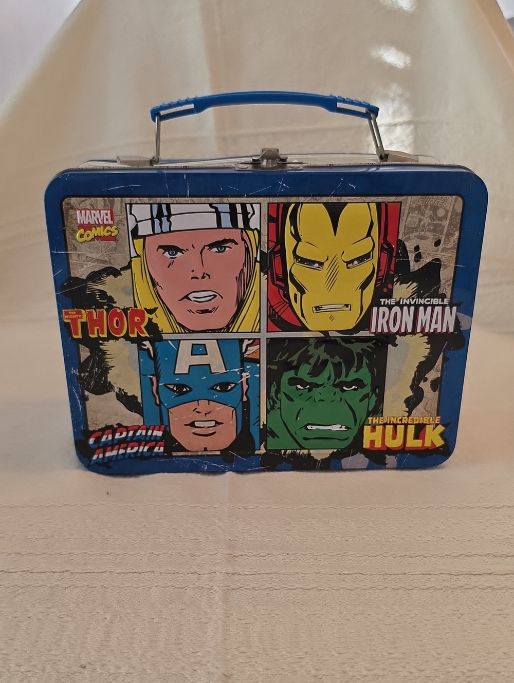 Marvel Blue Comic Panel Metal Lunchbox with Thor Iron Man Captain America Hulk